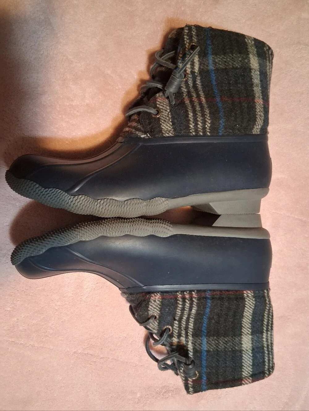 Sperry Top Sider Navy Blue Plaid Wool Duck Boots Waterproof Size 7M Rain Winter